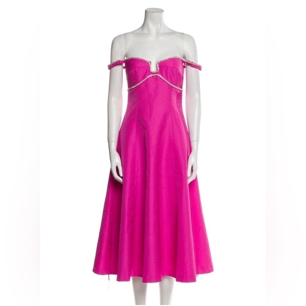 SELF-PORTRAIT Pink Textured Diamonte Prom Off the Shoulder Midi Dress Size 4 NWT - Picture 8 of 9